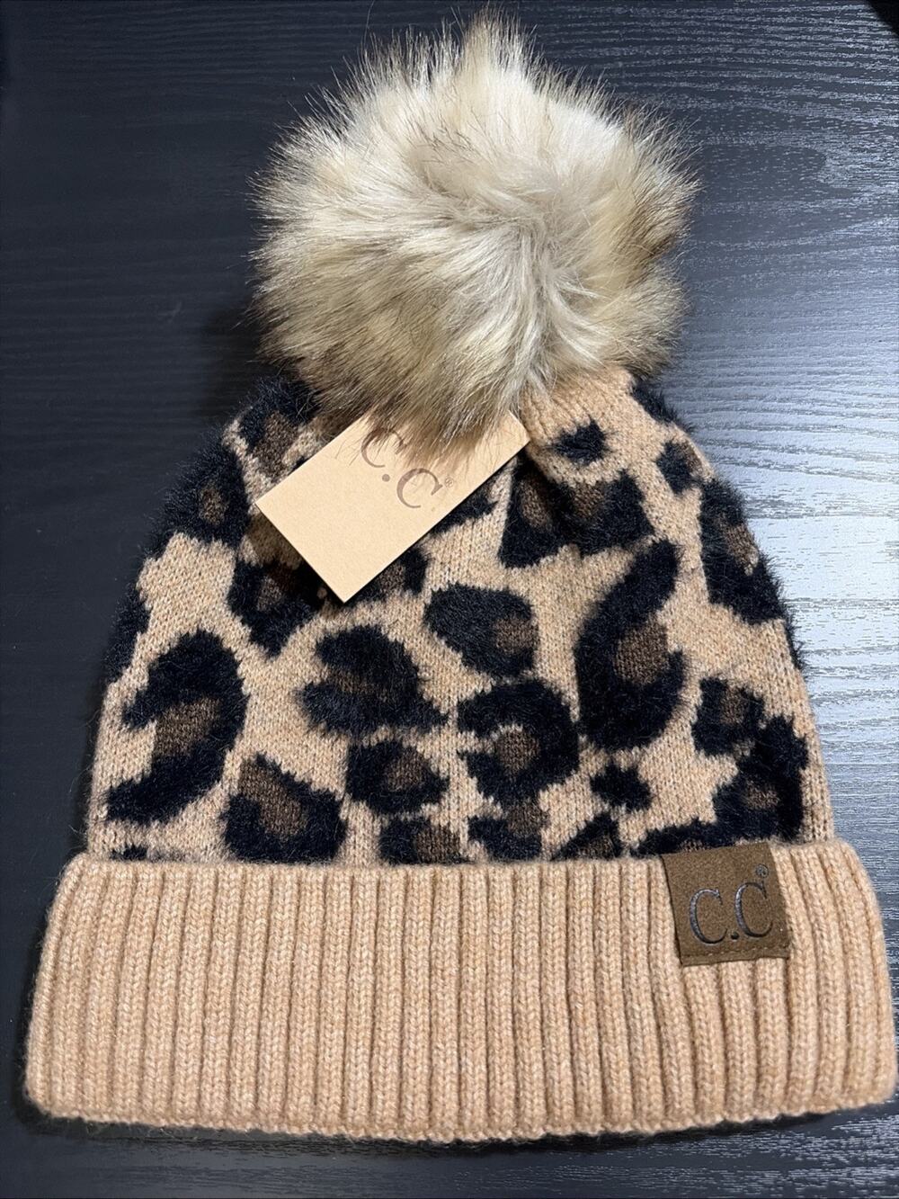 C.C Leopard Pom Beanie, Women C.C Hats, Winter Hats, Warm Beanies, Holiday Gift